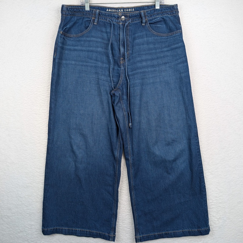 American Eagle Low Rise Ultra Wide Leg Jeans Sz 14 SHORT Strigid Blue Tie Waist